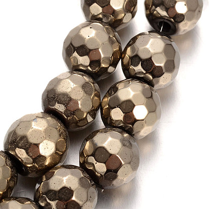 Electroplated Non-magnetic Synthetic Hematite Bead Strands, Faceted Round, Imitation Pyrite