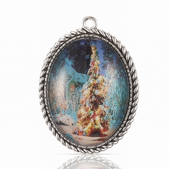 Antique Silver Plated Alloy Big Pendants, For Easter, with Glass Cabochon, Oval with Christmas  Pattern