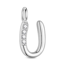 925 Sterling Silver Charms, with Grade AAA Cubic Zirconia, For Bracelet Making, Letter U