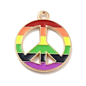 Rainbow Color Alloy Enamel Pendants, Flat Round with Peace Sign Charms, Light Gold