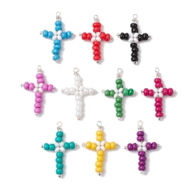 Glass Seed Beads Pendants, with Silver Brass Findings, Cross