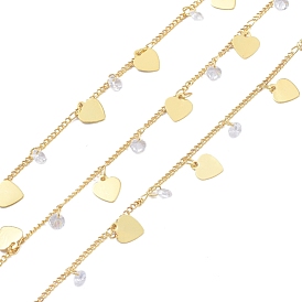 Handmade Brass Curb Chains, Soldered, with Heart Charm, Clear Cubic Zirconia and Spool, Long-Lasting Plated