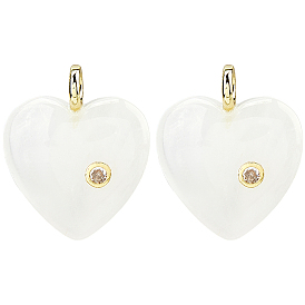 2Pcs Natural Gemstone Pendants, Heart Charms with Brass Micro Pave Clear Cubic Zirconia Findings, Golden