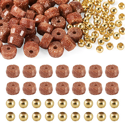 50Pcs Synthetic Goldstone Beads, Faceted, Rondelle, with 50Pcs Golden Tone Brass Solid Round Beads