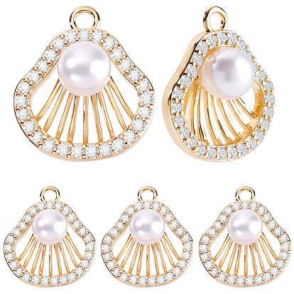10шт. подвески из латуни с микропаве из прозрачных кубических цирконий и имитацией жемчуга из АБС-пластика, формы раковины, без никеля 