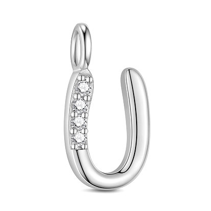 925 Sterling Silver Charms, with Grade AAA Cubic Zirconia, For Bracelet Making, Letter U