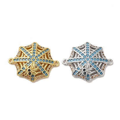 Rack Plating Brass Pave Turquoise Cubic Zirconia Connector Charms, Long-Lasting Plated, Lead Free & Cadmium Free, Halloween Spider Web Links