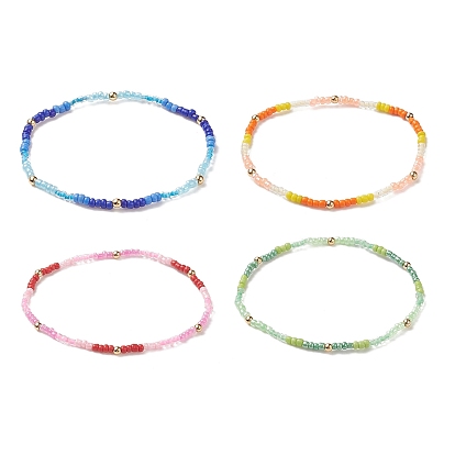 Glass Beaded Stretch Bracelet with Brass Beads, Gradient Color Bead Bracelet for Women