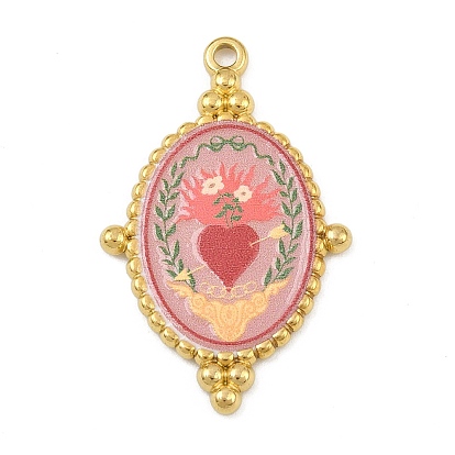 Pendentifs en acier inoxydable imprimés, ovale avec motif coeur, placage sous vide pvd, réel 304 k plaqué or