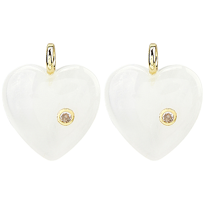 2Pcs Natural Gemstone Pendants, Heart Charms with Brass Micro Pave Clear Cubic Zirconia Findings, Golden
