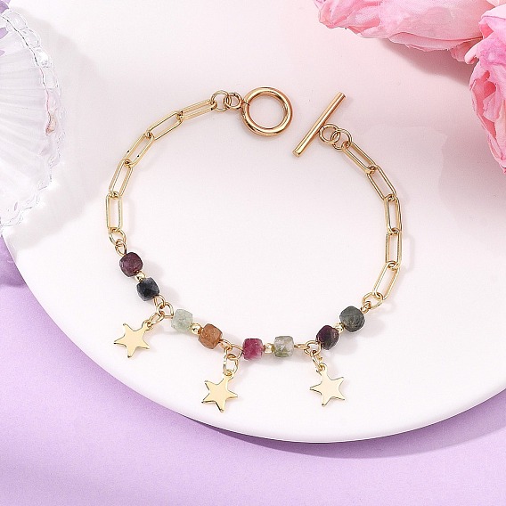 304 из нержавеющей стали шарм браслеты, Браслеты из кубических натуральных разноцветных турмалиновых бусин для женщин, звезда, с латунными цепочками для скрепок