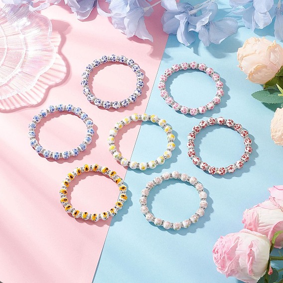 Эластичные браслеты из фарфоровых керамических бусин с цветочным принтом для женщин, круглые, с латунными бусины со стразами 