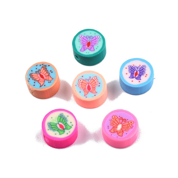 Handmade Polymer Clay Beads, Flat Round with Butterfly