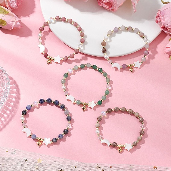 Браслеты из натуральных и синтетических круглых бусин для женщин, со стеклянными бусинами и бусинами из ракушек и бусинами из ракушек и 304 подвесками из нержавеющей стали, звезда, луна и сердце