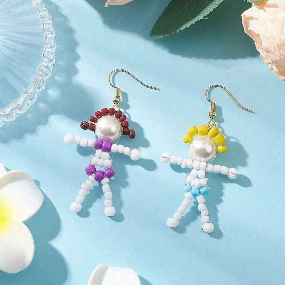 Серьги-подвески из латунного стекла, девочка и мальчик, слева и справа, золотые