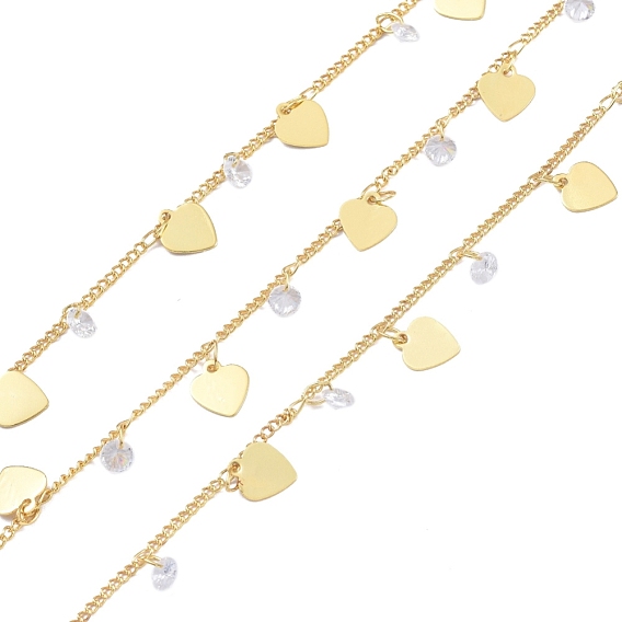 Handmade Brass Curb Chains, Soldered, with Heart Charm, Clear Cubic Zirconia and Spool, Long-Lasting Plated