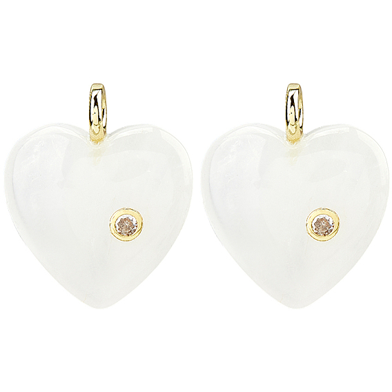 2 pendentifs en pierres précieuses naturelles, breloques en forme de cœur avec micro pavé en laiton et zircones cubiques transparentes, or