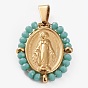 Real 18K Gold Plated 304 Stainless Steel Pendants, with Glass Beads, Oval with Virgin Mary