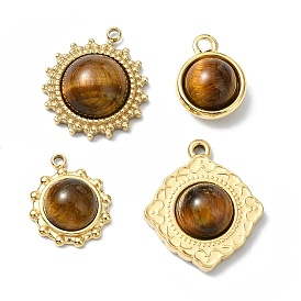 Natural Tiger Eye Pendants, 304 Stainless Steel Charms, Real 14K Gold Plated, Sun/Half Round/Rhombus/Flower