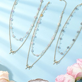 3 шт. 3 стили 304 подвеска-бантик из нержавеющей стали с натуральными самородками морганита, аметиста и лабрадорита, двухслойные цепочные ожерелья для женщин, золотые