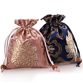 Rectangle Cloth Flower Printed Drawstring Gift Bags, Storage Bags