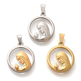 Glass Pendants, with Ion Plating(IP) 304 Stainless Steel Findings, Flat Round with Virgin Mary