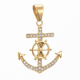 304 Stainless Steel Pendants, with Rhinestone, Anchor