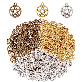 150Pcs 3 Colors Tibetan Style Alloy Wicca Charms, Pentacle, Cadmium Free & Lead Free, Flat Round with Star