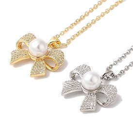 Brass Micro Pave Clear Cubic Zirconia Bowknot Pendant Necklaces, Cable Chain Necklaces with Plastic Imitation Pearl