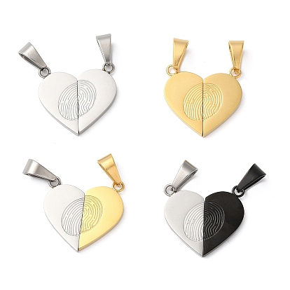 304 Stainless Steel Split Pendants, Couple Pendants, Heart with Fingerprint Charm