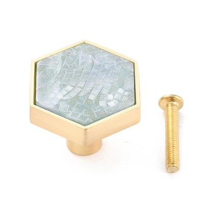 Hexágono con diseño de mármol manijas y perillas de caja de latón, con cabujones de resina y tornillos de hierro, color dorado mate