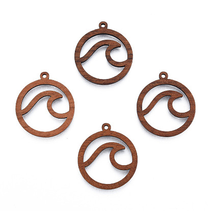 Natural Walnut Wood Pendants, Undyed, Hollow Ring Charm with Spindrift