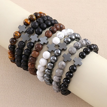 Браслеты из круглых бусин из натуральных и синтетических камней, стекла и дерева для мужчин и женщин, крестик, с синтетической немагнитной гематитовой бусиной