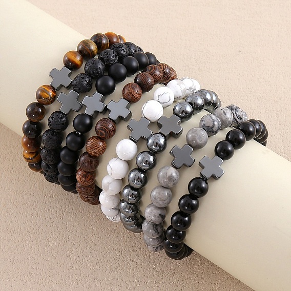 Браслеты из круглых бусин из натуральных и синтетических камней, стекла и дерева для мужчин и женщин, крестик, с синтетической немагнитной гематитовой бусиной