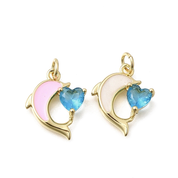 Латунные микро проложить кубического циркония подвески, дельфин с сердечками, с эмалью, реальный 18 k позолоченный