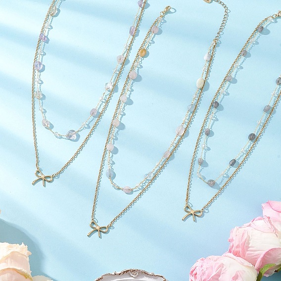 3 шт. 3 стили 304 подвеска-бантик из нержавеющей стали с натуральными самородками морганита, аметиста и лабрадорита, двухслойные цепочные ожерелья для женщин, золотые