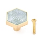 Hexagon with Marble Pattern Brass Box Handles & Knobs, with Resin Cabochons and Iron Screws, Matte Gold Color