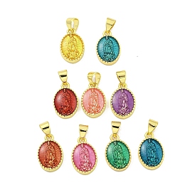 Rack Plating Brass Enamel Pendants, Long-Lasting Plated, Lead Free & Cadmium Free, Real 18K Gold Plated, Oval with Saint Charm
