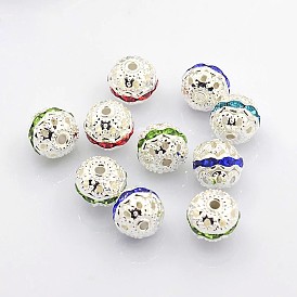 Perles en laiton de strass, Grade a, couleur argent plaqué, ronde, 10 mm de diamètre, Trou: 1.2mm