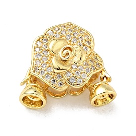 Rack Plating Brass Micro Pave Clear Cubic Zirconia Fold Over Clasps, Cadmium Free & Lead Free, Long-Lasting Plated, Flower