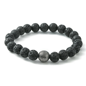 Natural Lava Rock & 316 Surgical Stainless Steel Round Beaded Stretch Bracelet
