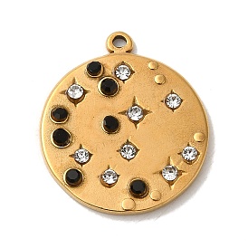 304 Stainless Steel Rhinestone Pendants, Flat Round with Star Charms