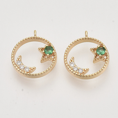 Латунные микро проложить кубического циркония прелести, реальный 18 k позолоченный, плоские круглые с звездой и луной, без никеля 