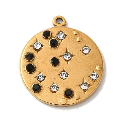 304 Stainless Steel Rhinestone Pendants, Flat Round with Star Charms