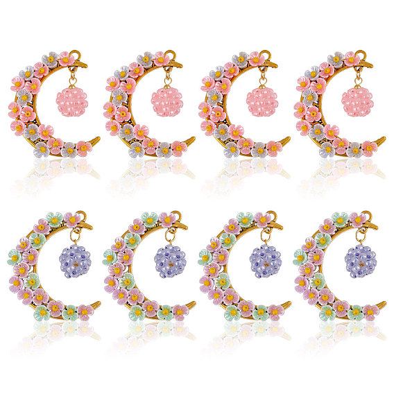 8шт 2цвета стеклянные бусины и подвески из смолы, луна, с полыми подвесками из антикварного золотого сплава в тибетском стиле