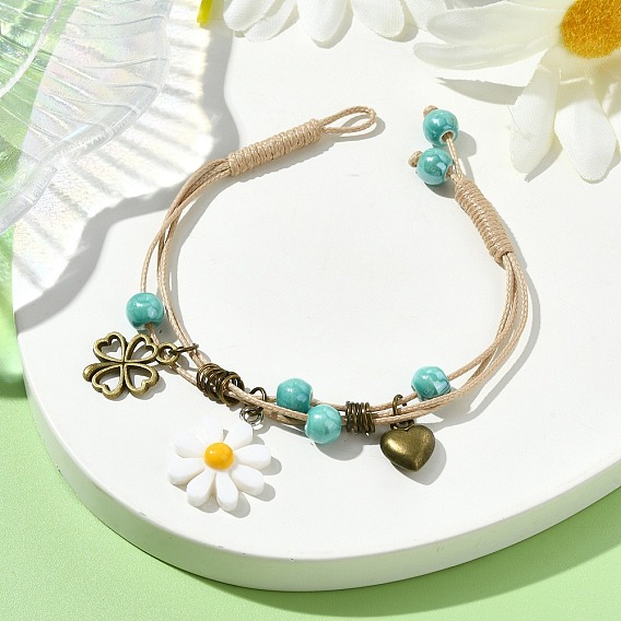 Браслеты из плетеных бусин из полиэстера, Браслеты с подвесками из сплава и смолы для женщин, с железным открытым кольцом для прыжков, сердце, клевер и хризантема