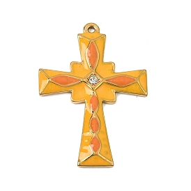 304 Stainless Steel with Orange Enamel Pendants, with Crystal Rhinestone, Cross Charms