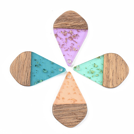 Transparent Resin & Walnut Wood Pendants, with Gold Foil, Teardrop