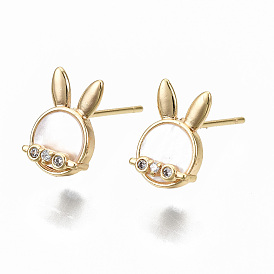 Brass Micro Clear Cubic Zirconia Stud Earring Findings, with Shell and Loop, Nickel Free, Rabbit Shape