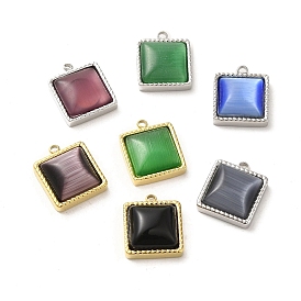304 Stainless Steel Charms, with Cat Eye, Saqure Charms, Real 14K Gold Plated